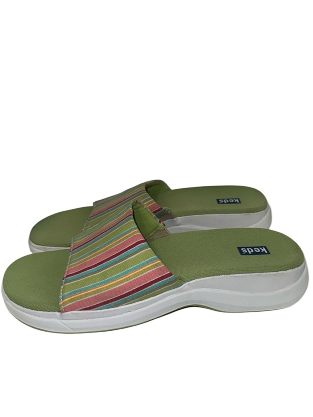 KEDS Rainbow Striped Canvas Slide Sandals Women’s Size 8 Green & White